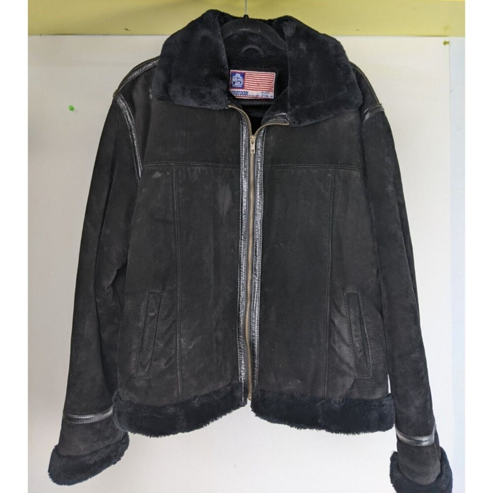 Vintage Protocol Pan United Bomber Jacket Men’s  3XL Suede Faux Shearling Black